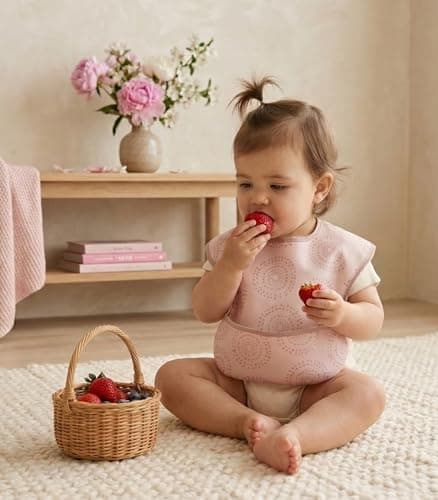 Civarua Kids 3-Pack Waterproof Baby Bibs for Eating - Mess Proof Lightweight Toddler Feeding Bibs with Large Food Catcher, Food-Grade Baby Eating Essentials, Easy to Put On & Clean(Light Pink Blossom) - Thumbnail 2
