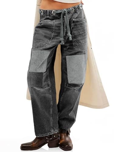 PLNOTME Womens Baggy Barrel Horseshoe Jeans Wide Leg Patchwork Low Rise Denim Pants with Pockets Grey - Thumbnail 2
