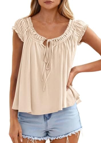 PRETTYGARDEN Women Babydoll Tops 2026 Summer Clothes Cap Sleeve Tie Front Flowy Tank Top Peplum Blouses Cute Going Out Shirts (Apricot,XX-Large) - Thumbnail 5