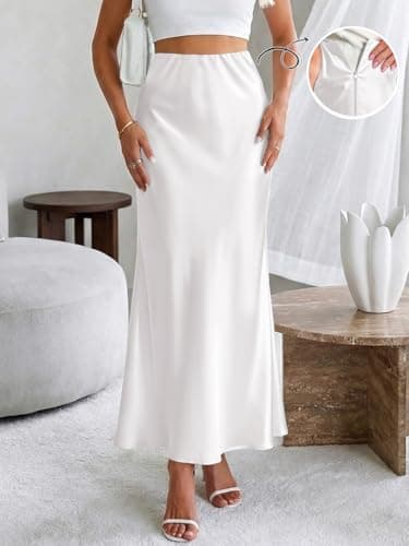 LORJIO Women's Satin Maxi Skirts 2026 Spring High Waisted Flowy Long Silk A Line Elegant Formal Flared Fishtail Skirt Business Casual Outfits White S - Thumbnail 2
