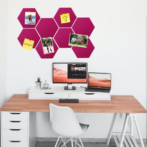 HULAVO 8 Pcs Hexagon Felt Cork Bulletin Board Tiles, Self Adhesive DIY Bulletin Board Pin Board for Office School Home Wall Decor Memos Photos Display(Rose Red) - Thumbnail 2