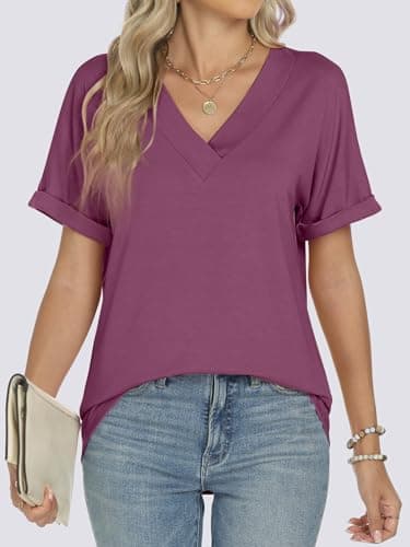 ANRABESS Womens T Shirts Short Sleeve V Neck Shirts Summer Loose Fit Dressy Tops Business Casual Blouses 2026 Basic Tees Wine Red X-Large - Thumbnail 4