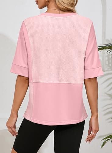 Dokotoo Pink Oversized Tshirts for Women Casual Summer Tops Clothing V Neck Short Sleeves Fluffy Touch Waffle Shirts Women Loose Fit Clothing 2026 Spring Tops Trendy T-Shirt Size Small - Thumbnail 4