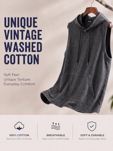 JMIERR Mens Cotton Sleeveless Hoodie Tank Top Regular Fit Muscle Workout Gym Streetwear Shirt Black - Thumbnail 4