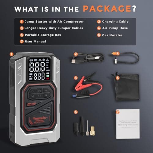 Yunvolx Jump Starter with Air Compressor, 3000A 12V Portable Car Emergency Jump Starter (for 9L Gasoline / 8L Diesel Engines), Equipped with USB Output, Storage Box, and LED Flashlight - Thumbnail 6