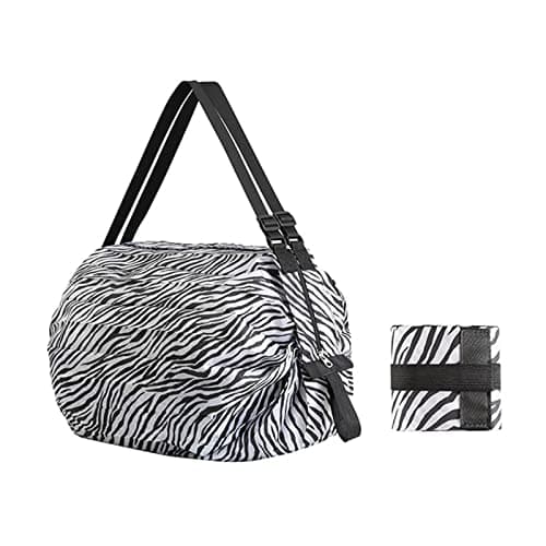 Mozzyyee Portable Foldable Shopping Bag Large Capacity Multipurpose Storage Bag Sports Travel Shoulder Bag (Zebra-stripe) - Image 1