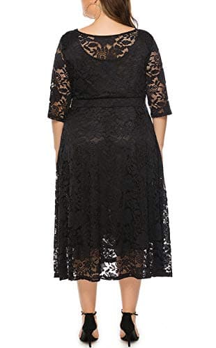 Eternatastic Womens Scooped Neckline Floral lace Top Plus Size Cocktail Party Midi Dress XL Black - Thumbnail 3