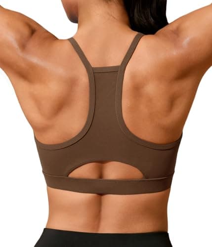 Aoysky Womens Buttery Soft Racerback Sports Bra Padded Strappy Workout Running Yoga Gym Crop Tops with Built in Bras Brown