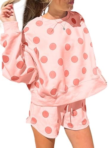 KevaMolly Women Polka Dot Drop Shoulder 2 Piece Lounge Set Pink XL