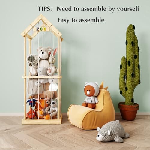 Eniffbaa Stuffed Animal Storage Zoo, 60.6" Tall Solid Pine Toy Storage Organizer, Reinforced Wooden Base & House Shape Plushie Holder Cage, Large 3D Plaque for Nursery Bedroom Playroom Decor (Natural) - Thumbnail 5