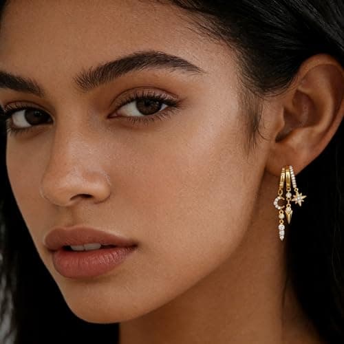 Gold Dangle Earrings for Women, 14k Gold Plated Statement Triple Hoop Illusion Gold Earrings Cubic Zirconia Star and Moon Huggie Earrings for Women Trendy - Thumbnail 4
