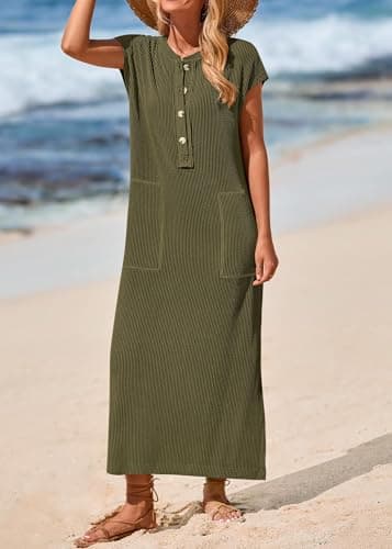 KIRUNDO Womens Summer Dresses 2026 Spring Ribbed Knit Henley Short Sleeve Maxi Dress Button Up Loose Beach Vacation Sundress(Army Green, Small) - Thumbnail 6