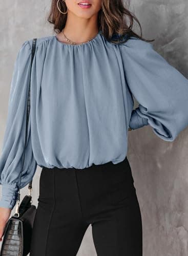 Dokotoo Womens Ladies Spring Long Sleeve Tunic Tops and Blouses for Women 2026 Summer Fashion Crewneck Padded Shoulder Casual Loose Fitting Trendy Dressy Work Shirts Blue X-Large - Thumbnail 2