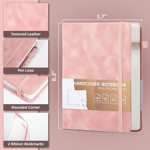 MINICAGIE Lined Journal for Women Men 256 Pages 100 Gsm Thick Textured Leather Journaling Notebooks for Writing A5 Wide Ruled Hardcover Notebook for Work School Note Taking, 5.7 x 8.3 In, Pink - Thumbnail 4