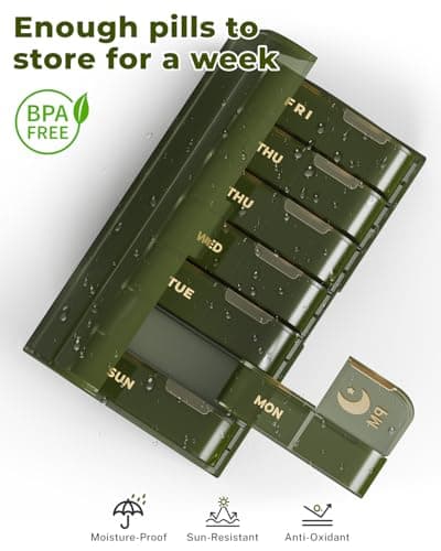 Weekly Pill Organizer 2 Times a Day, 7 Day AM/PM Pill Box, Portable Medication Dispenser with Child-Resistant Latch, BPA-Free, Travel, Office, Pets, Emergency Use (Green) - Thumbnail 3