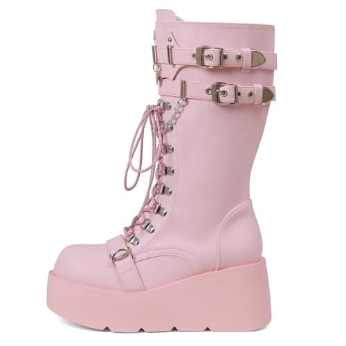 Yremael Women's Pink Platform Boots Wedge Combat Gothic Chunky Heel Lace Up Mid Calf Punk Motorcycle Shoes - Thumbnail 5