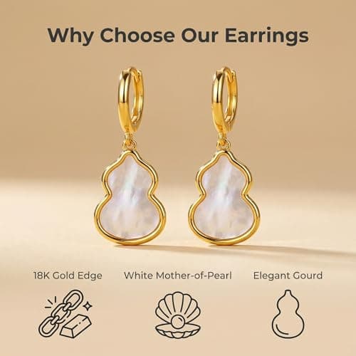 ANNIE WU 18K Gold Plated Natural White Mother of Pearl Gourd Dangle Hoop Earrings for Women, Traditional Lucky Prosperity Jewelry, Gift Box Included - Thumbnail 2
