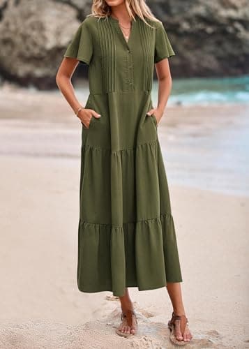 KIRUNDO Summer Maxi Dresses for Women 2026 Spring Fashion Short Sleeve Button V Neck Pleated Loose Tiered Swing Flowy Dress(Army Green, X-Large) - Thumbnail 5