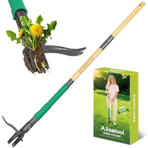 Allsetool Weed Puller Tool with 2 Weed Eject Feature, 43.7in Stand Up Dandelion Remover Tool, Real Bamboo Handle and Metal 4 Claw & Foot Pedal, Heavy Duty Garden Weeder - Image 1