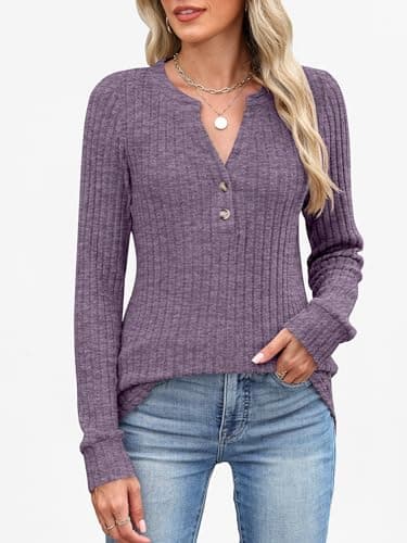 ANRABESS Womens Long Sleeve Henley Shirts 2026 Fall Tunic Tops Ribbed Knit Lightweight Sweaters Dressy Casual Blouse Outfits Purple Medium - Thumbnail 3
