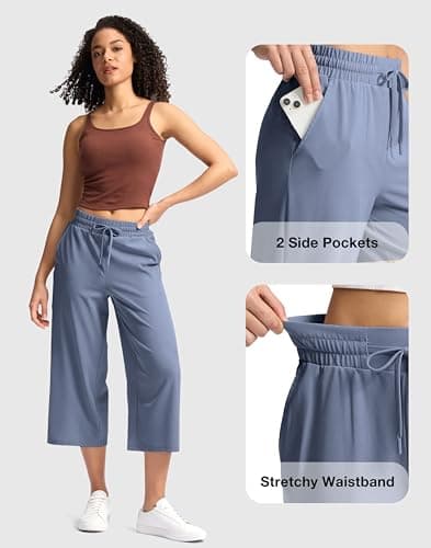 Soothfeel Women's Capri Pants Loose High Waisted Wide Leg Lightweight Travel Hiking Pants for Women Casual Summer with Pocket Dusty Blue XL - Thumbnail 4