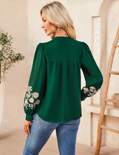 LOOKBOHO Women's Casual Floral Embroidered Puff Long Sleeve Tops Trendy Pleated V Neck Tie Front Boho Blouses Loose Shirts XL - Thumbnail 3