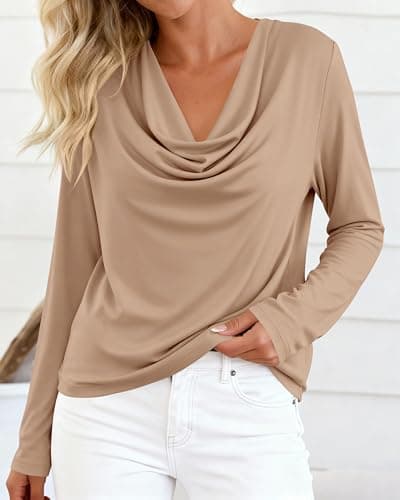 PRETTYGARDEN Womens Spring Tops 2026 Dressy Cowl Neck Long Sleeve Shirts Loose Business Casual Blouses Teacher Tunic Top(Khaki,X-Large) - Thumbnail 5