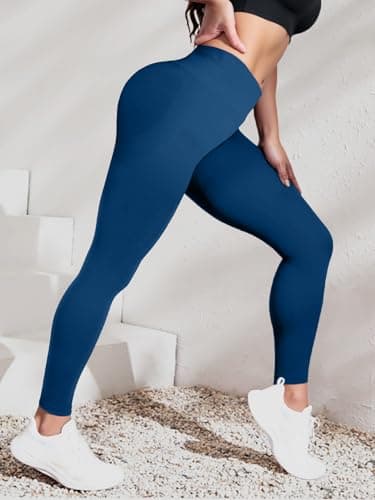 BaseTry Womens Yoga Pants Seamless Mid High Waisted Tummy Control Butt Lifting Workout Leggings for Women Running (US, Alpha, X-Large, Regular, Regular, Blue) - Thumbnail 3
