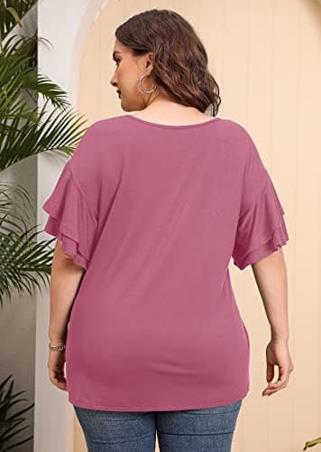AusLook Plus Size Womens T Shirts Mauve 2X Tunic Double Ruffle Short Sleeve Blouses Crewneck Clothing Tee Ladies Clothes Flowy Dressy Casual Loose Fit Outfits Maternity Summer Tops - Thumbnail 5