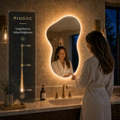 PIUDOC 24×36 Irregular Backlit Mirror Asymmetrical Bathroom Mirror with Lights LED Dimmable Mirror for Bathroom Makeup Area - Thumbnail 2