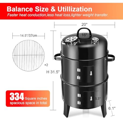 RYHOFOUD T001-2 19-inch BBQ Charcoal Smoker, Heavy Duty Round Smoking-Vertical Multi-Layer Pellet Smoker for Meats-Offset Charcoal Grill with Thermometer, Black - Thumbnail 2