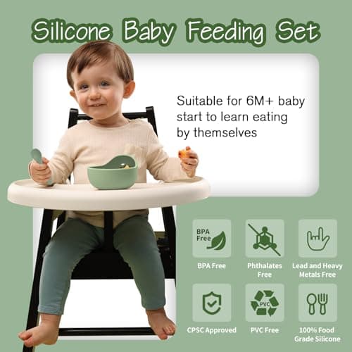 Baby Led Weaning Supplies, 17 Piece BPA-Free Silicone Feeding Set, Eating Essentials Baby Utensils with Suction Plate and Bowl, Pocket Bib, Sippy Cup with Lid, for 6+ Months, Green - Thumbnail 3