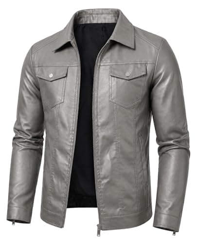 Vogaera Mens Leather Jacket Faux Leather Jackets Motorcycle Biker Coat Outwear Casual Lightweight Grey S - Image 1