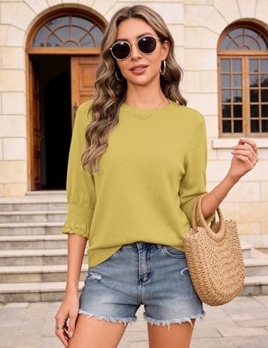 Totatuit Womens 3/4 Sleeve Sweaters Ladies Elegant Crew Neck Lightweight Knit Casual Business Tops Shirts Yellow XX-Large - Thumbnail 5