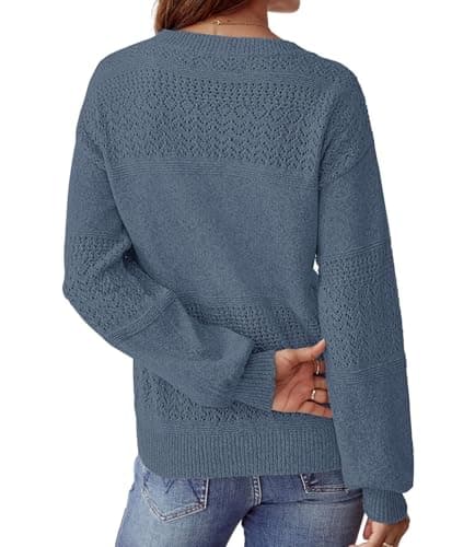 NORACORA Women's V Neck Fall Sweaters Crochet Soft Lightweight Ribbed Knit Loose Pullover Sweater Long Sleeve Tops 2025 Trendy Outfits Grey Blue - Thumbnail 4