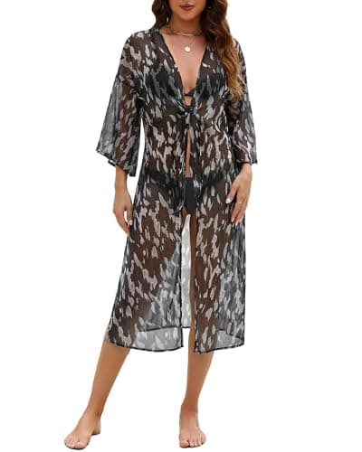 Bsubseach Long Kimonos for Women Sheer Tie Front Relaxed Flared Sleeve Kimono Cardigans Swimsuit Coverup Vacation Outfits Black Leopard M - Image 1