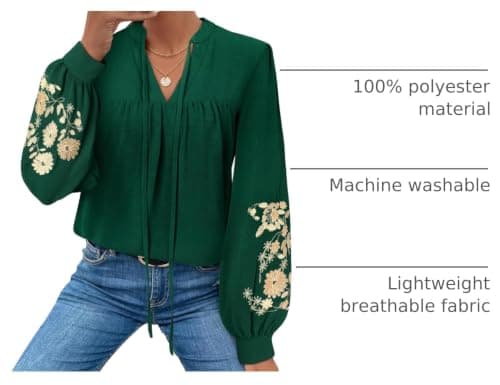 LOOKBOHO Women's Casual Floral Embroidered Puff Long Sleeve Tops Trendy Pleated V Neck Tie Front Boho Blouses Loose Shirts S - Thumbnail 4