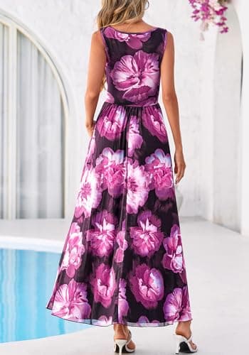 BTFBM Summer Dresses for Women 2026 Floral Maxi Dress Sleeveless Mesh Flowy Spring Wedding Guest Dress Long Sundresses(Black Flower, Large) - Thumbnail 3