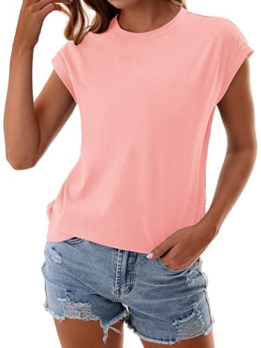 GKBK Womens Summer Cotton Tops Ruched Cap Short Sleeve Tshirts Crew Neck Shirts Fashion Coral XXL - Thumbnail 4