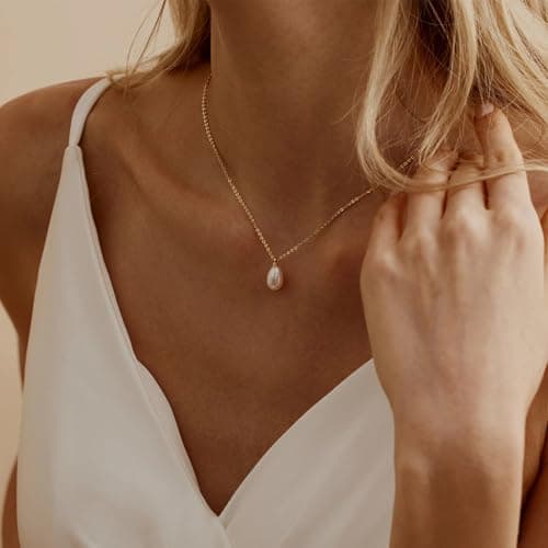 Fezodo Gold Pearl Necklace for Women, Dainty Single Pearl Necklaces for Women Trendy Simple Pearls Drop Pendant Necklace Wedding Pearls Jewelry Christmas Stocking Stuffers for Teens Gifts - Thumbnail 3