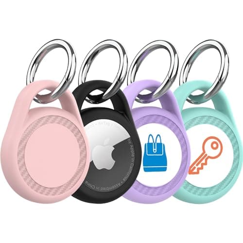 4 Pack for Waterproof AirTag Holder with Icon Stickers, Protective Case with Keychain for Apple AirTag, Anti-Scratch Cover for Air Tag for Keys, Luggage, Backpacks (Black&Purple&Pink&Mint)