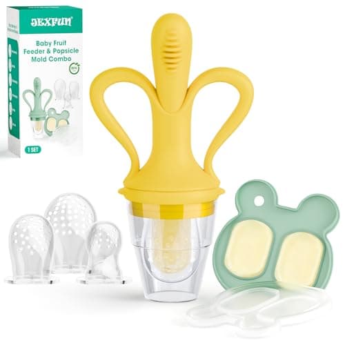 JEXFUN Baby Fruit Feeder & Breastmilk Popsicle Mold Set, Silicone Food Feeder Pacifier for Cooling Relief with 3 Replaceable Pouches, BPA-Free Teething Toy for Safe Infant Self Feeding (Banana Yellow) - Image 1