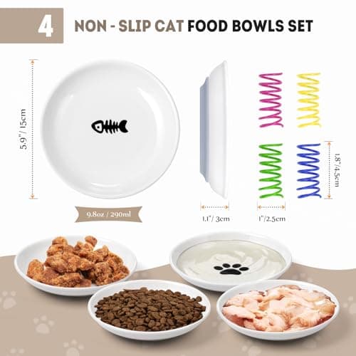 Ceramic Cat Food Bowls for Indoor Cats and Kitten, 4 Cute Cat Feeding Bowls Shallow Whisker Relief Dishes for Cats, 5.9" Wide Pet Plates for Wet & Dry Food and Water, Non-Slip Base, with 4 Spring Toys - Thumbnail 2