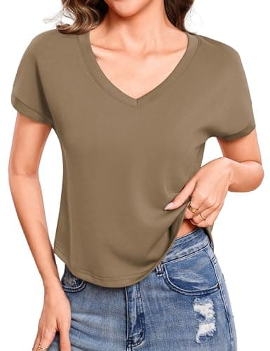 Totatuit Women V Neck Loose Fit Tshirts Summer Cap Sleeve Cropped Tee Shirts Casual Plain Short Length Tops for Teacher Travel Clothes Khaki Small - Image 1