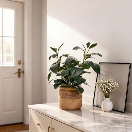 Arbolanta Artificial Fake Plant Potted 12.8'' Small Faux Greenery Ficus Style in Jute-Wrapped Yellow Planter for Tabletop Home Office Decor - Thumbnail 5