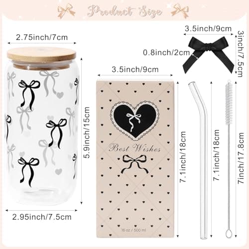 Coquette Black Bow Aesthetic Cup With Gift Box 16oz Glass Cup with Lids Straws and Black Bow Iced Coffee Smoothie Cute Tumbler with Cleaning Brush for Girls Bestfriend Sister Girlfriend, Preppy Stuff - Thumbnail 2
