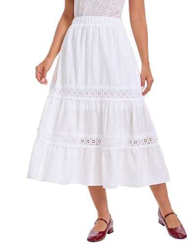 Ystguic Women's Casual Summer Spring Boho Lightweight Tiered Midi Cotton Skirt Ladies Eyelet Lace Embroidery Ruffle High Empire Waist Elasticated A Line Flowy Beach Skirts Small White YG055 S - Image 1