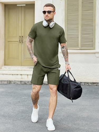 JEMLDL Mens Two Piece Summer Outfit Lounge Wear Comfortable Fashion Short Sleeve Shirt & Shorts Casual Clothing Fashion Set Olive XL - Thumbnail 6