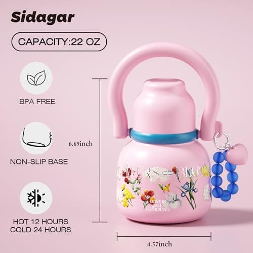 Sidagar 22 oz Water Bottle with Straw and Bowl, Unique Wide Mouth Insulated Stainless Steel Tumbler, Travel Water Cup Flask for Women, Easy Carry - Floral Pink - Thumbnail 2