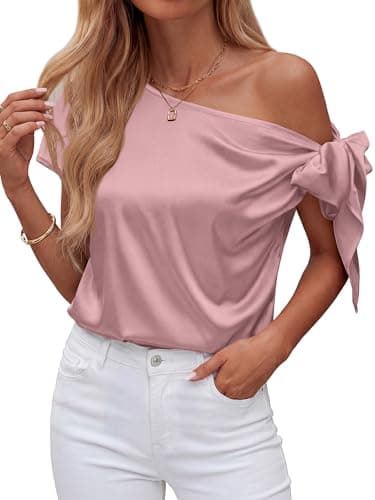 BTFBM Off The Shoulder Tops for Women Summer 2026 Short Sleeve Satin Blouse Shirts Silk Y2K Going Out Top Beach Vacation(Pink, Medium) - Thumbnail 5